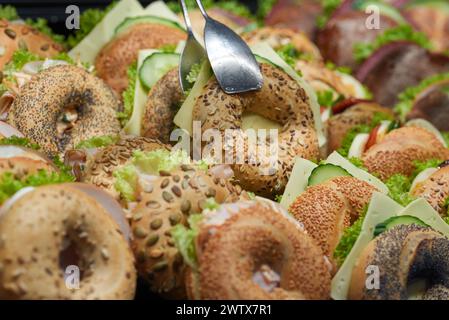 Hamburg, Germany. 20th Mar, 2024. Sandwiches are on display in a bakery. Credit: Marcus Brandt/dpa/Alamy Live News Stock Photo