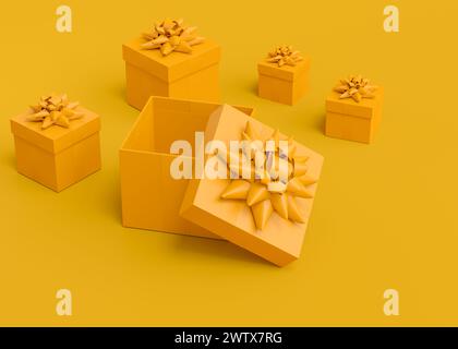 Gift boxes with ribbon and bow flying and falling on monochrome background. 3d render concept of greeting design Birthday, Merry Christmas, Black frid Stock Photo
