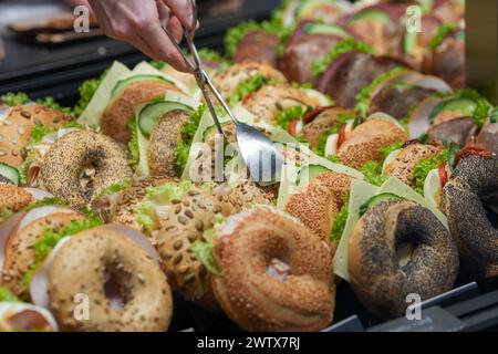 Hamburg, Germany. 20th Mar, 2024. Sandwiched bagels are on display in a bakery. Credit: Marcus Brandt/dpa/Alamy Live News Stock Photo