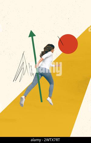 Sketch image composite trend artwork 3D photo collage of young motivated hardworking lady move achieve aim hold green arrow in hand Stock Photo