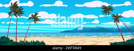 Tropical sand beach resort, landscape horizontal, exotical island, palms, ocean, sea banner Stock Vector