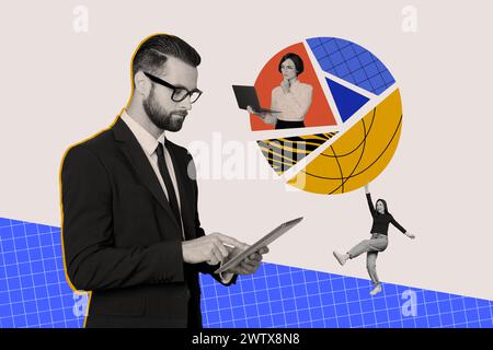 Sketch image composite trend artwork photo collage of team office workers man two women coworking place use device tablet laptop Stock Photo