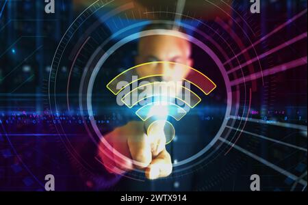 WiFi wireless mobile connection and internet hotspot symbol digital abstract 3d concept. Finger touch screen. cyber technology and network background. Stock Photo