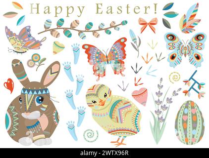 Hand drawn collection with Happy Easter holiday traditional symbols and objects - rabbit, egg, flowers, decorations in flat lay style isolated on whit Stock Vector