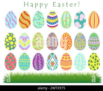 Spring holiday collection with Happy Easter eggs with different textures and patterns and grass isolated on white. Traditional symbols and objects set Stock Vector