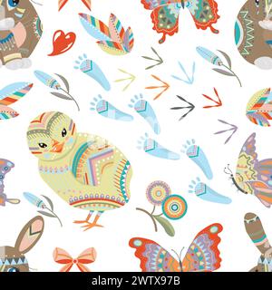 Seamless pattern with Happy Easter holiday traditional symbols and objects - rabbit, chicken, butterfly, colorful eggs and hearts decorated in flat la Stock Vector