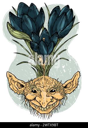 Hand drawn colorful vector illustration with engraved funny demon or gnome face as root of beautiful spring flower or Crocus isolated on white, garden Stock Vector