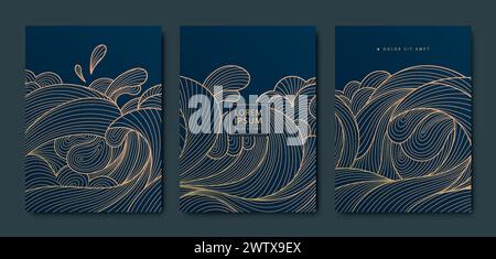 Vector set of japanese sea wave backgrounds, ocean water art, line oriental line illustrations. Graphic vintage seascape. Gold on blue Stock Vector