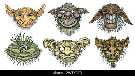 Hand drawn vector set with colorful engraved funny demon or gnome faces  isolated on white, fantasy illustrations for stickers, tattoo, t shirt Stock Vector