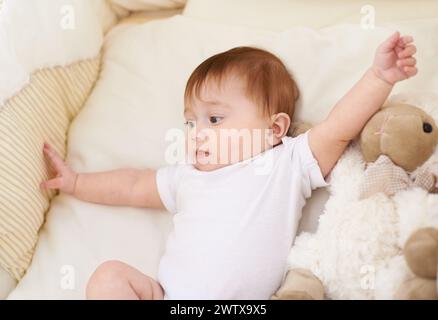Baby, bedroom and rest with sheep in home, above and healthy with growth, development and playing in morning. Infant, child and newborn with lamb doll Stock Photo