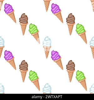 Multi-colored fruit ice cream in waffle cones. Seamless pattern. Vector illustration. Stock Vector