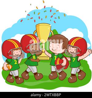 Children rugby players cheering and holding a golden trophy at the football field. Stock Photo