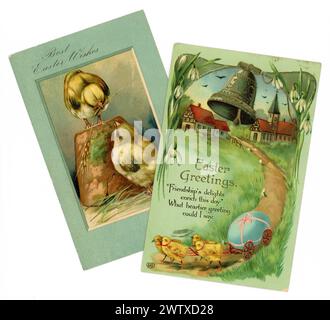 Original embossed Edwardian Easter greetings card. 2 chicks one stands on an upturned flower pot. Posted London 1 April 1907. Also, embossed Easter greetings card, of chicks pulling an egg on a cart, posted Worthing 15 April 1911. U.K. Stock Photo