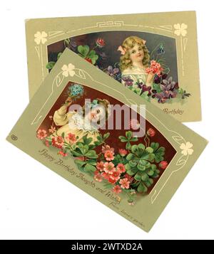 Original, charming early 1900's Edwardian birthday greetings cards of sweet young girls, holding bouque flowers, with a border of flowers,. published E.A. Schwerdtfeger Co. London. Dated / posted and  14 May 1910 4 May 1913, U.K. Stock Photo