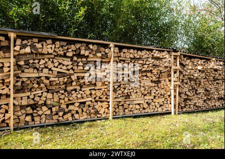 Gestapeltes Brennholz, das zum Heizen gespalten wurde, liegt in einem Garten. Rottweil Baden-Württemberg Deutschland *** Stacked firewood that was split for heating lies in a garden Rottweil Baden Württemberg Germany Stock Photo