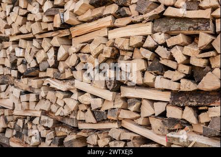 Gestapeltes Brennholz, das zum Heizen gespalten wurde, liegt in einem Garten. Rottweil Baden-Württemberg Deutschland *** Stacked firewood that was split for heating lies in a garden Rottweil Baden Württemberg Germany Stock Photo