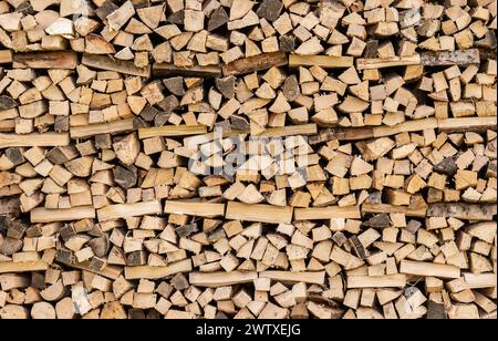 Gestapeltes Brennholz, das zum Heizen gespalten wurde, liegt in einem Garten. Rottweil Baden-Württemberg Deutschland *** Stacked firewood that was split for heating lies in a garden Rottweil Baden Württemberg Germany Stock Photo