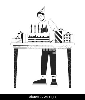 Asian guy blowing birthday candles black and white 2D line cartoon character Stock Vector