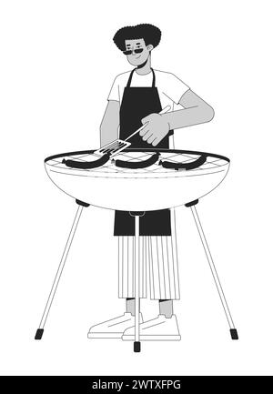 Latin american man cooking barbeque black and white 2D line cartoon character Stock Vector