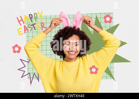 Brochure collage of cheerful attractive pretty happy woman enjoy easter celebration theme party costume isolated on drawing background Stock Photo