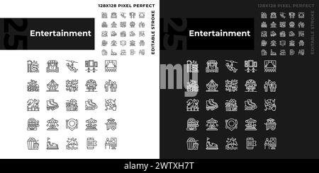 Entertainment activities pixel perfect linear icons set for dark, light mode Stock Vector