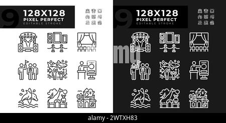 Entertainment events pixel perfect linear icons set for dark, light mode Stock Vector