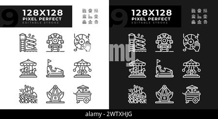Amusement park attractions pixel perfect linear icons set for dark, light mode Stock Vector