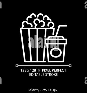 Movie popcorn bucket pixel perfect white linear icon for dark theme Stock Vector