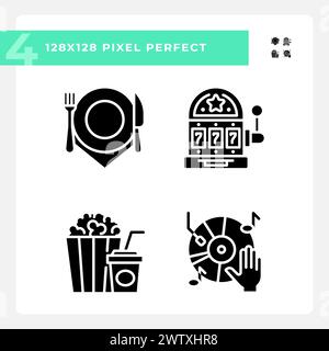 Leisure activities pixel perfect black glyph icons set on white space Stock Vector