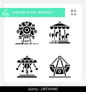 Fairground attractions pixel perfect black glyph icons set on white space Stock Vector