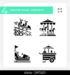Riding amusement pixel perfect black glyph icons set on white space Stock Vector
