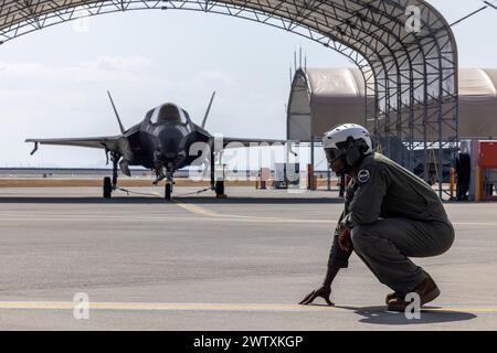 U.S. Marine Corps Sgt. Adrian Franklin, a fixed-wing aircraft mechanic with Marine Fighter Attack Squadron 121, conducts pre-flight inspections Stock Photo