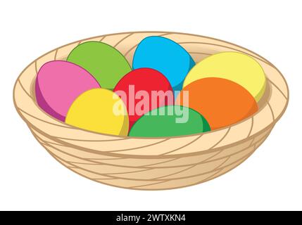 Easter egg, dyed colored hen eggs in a wicker basket bowl, color vector illustration isolated on white Stock Vector