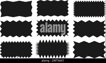 Collection of jagged rectangles. A set of uneven zigzag rectangular shapes. Black color. Isolated elements for design of text box, button, badge, bann Stock Vector