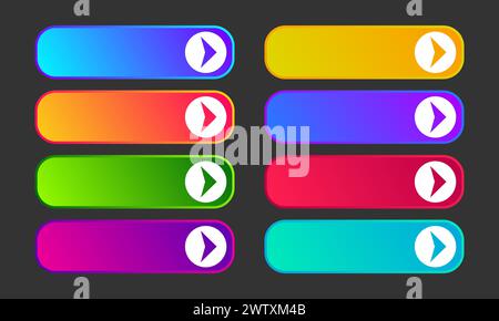 Colorful gradient buttons with arrows. Set of eight modern abstract web buttons. Vector illustration Stock Vector