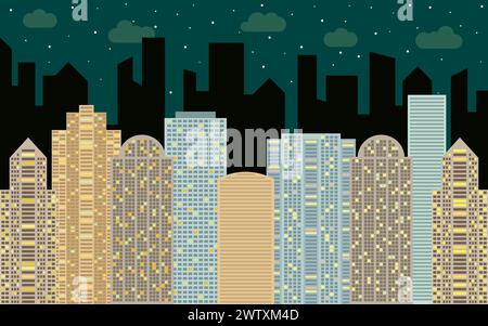 Night urban landscape. Street view with cityscape, skyscrapers and modern buildings at sunny day. City space in flat style background concept. Stock Vector