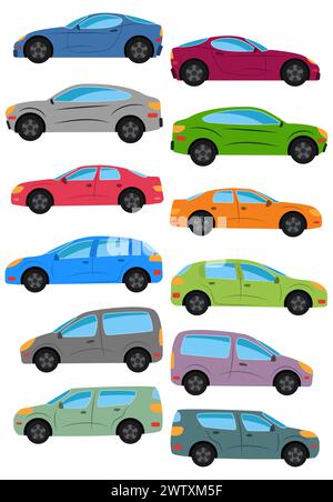 Set of different car types. Multicolored Cars Collection. Isolated vector illustration. Stock Vector