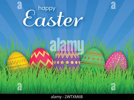 Colorful Easter eggs on green grass and inscription Happy Easter. Nature background template. Greeting Card. Vector illustration Stock Vector