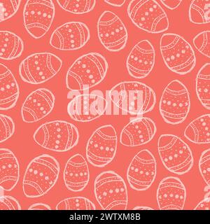 Seamless pattern with hand drawn Easter eggs on a live coral background. Vector illustration Stock Vector