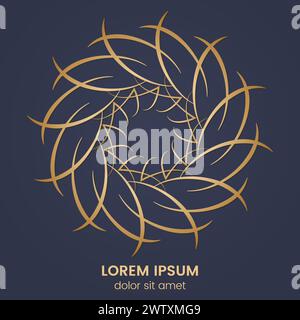 Vintage geometric circular element. Vector gold monogram on dark blue background. Vector illustration Stock Vector