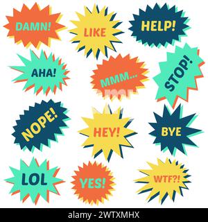 Set of speech bubbles on a white background with different inscriptions in the middle. Speech bubbles with short phrases. Vector illustration. Stock Vector