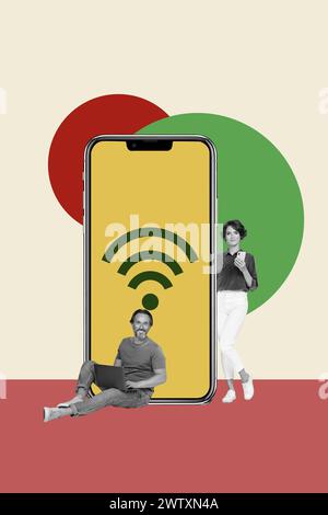 Collage 3d image of pinup pop retro sketch of fast wifi router connection internet device smartphone billboard comics zine minimal Stock Photo