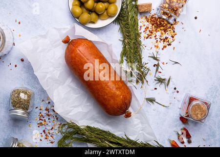 smoked sausage surrounded by spices and herbs on a blue tabletop, next to olives and grainy mustard Stock Photo