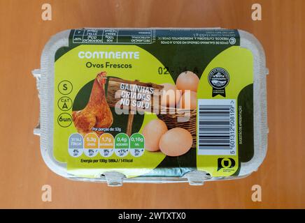 Portuguese Continente Supermarket Own Label Brand Of Half A Dozen Six Egg Package Brown Eggs, Albufeira, Portugal, March 10, 2024 Stock Photo