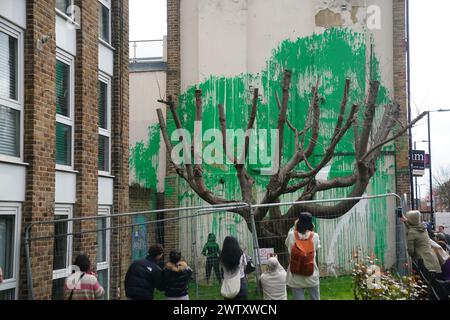 The Banksy artwork which has been defaced with white paint after it appeared over the weekend on the side of a residential building on Hornsey Road in Finsbury Park, London. Bright green paint has been sprayed on the building, in front of a cut-back tree, creating the impression of being its foliage. A stencil of a person holding a pressure hose has been sketched onto the building as well. The vivid paint colour matches that used by Islington Council for street signs in the area. Picture date: Wednesday March 20, 2024. Stock Photo