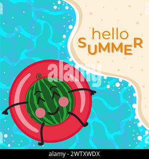 Cute cartoon watermelon swimming with floating rubber ring, flat vector illustration. Summer tropical vacation, beach party. Stock Vector