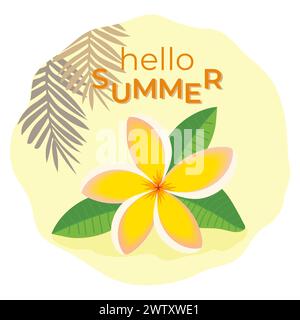 Beautiful tropical flower, yellow frangipani or plumeria. Hello summer, flat vector illustration. Stock Vector