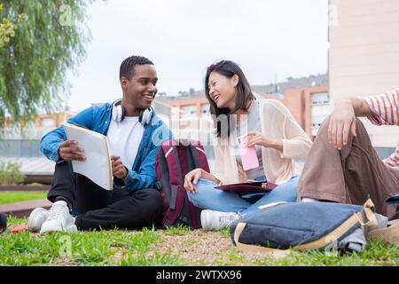 Two multiracial college students sitting together on campus lawn reviewing exam Stock Photo