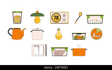 Conserving energy at household 2D linear cartoon objects set Stock Vector