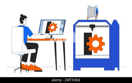 3D printing in mechanical engineering line cartoon flat illustration Stock Vector